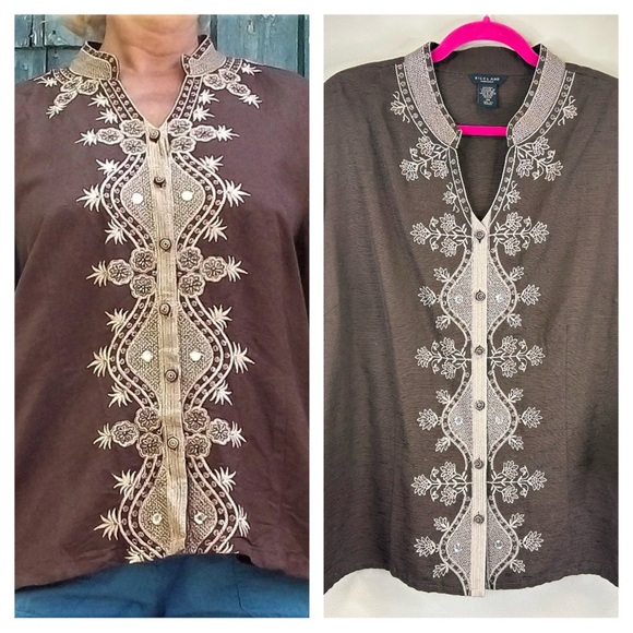 SilkLand 100% Silk 2X Brown Cream Tunic Embroidery Beading Boho Natural Elegant - Picture 2 of 13
